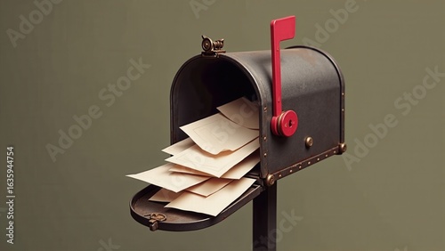 An old metal mailbox overflows with paper mail, its red flag up, evocative of vintage charm.