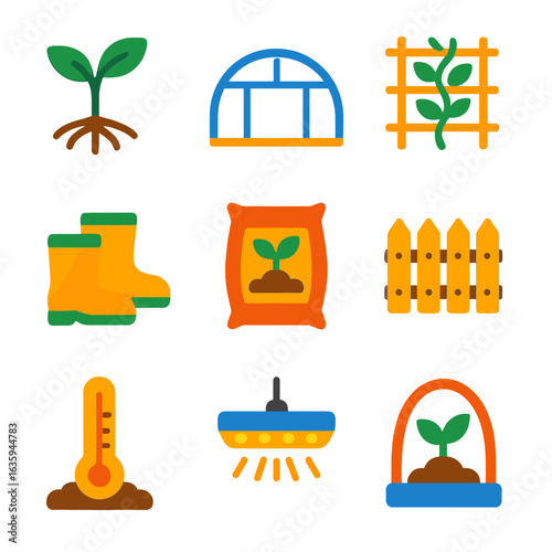 Gardening Icon Set. Flat vector icons of gardening: plant sprout with roots, greenhouse frame, trellis with vines, garden boots,
