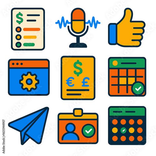 Freelance Essentials Icons. Flat vector icons of freelance and remote work essentials: invoice status tracker, sound wave from