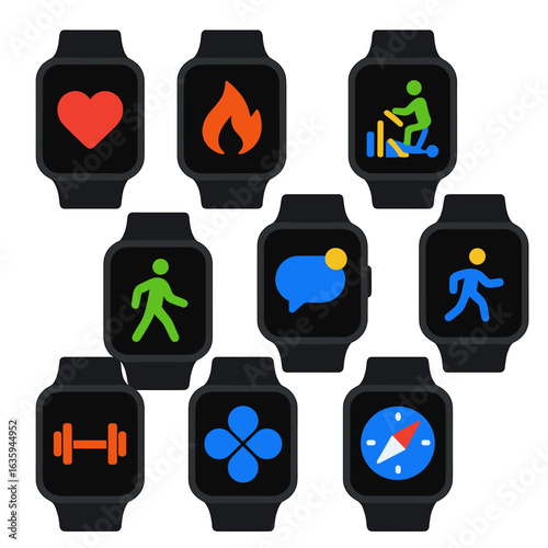 Vibrant Fitness Icons. Flat vector icons of fitness tracker and smartwatch interfaces: smartwatch with resting heart rate, active