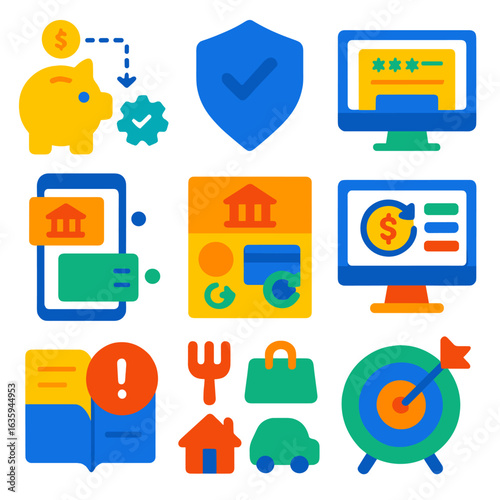Bold Banking Icons. Flat vector icons of online banking and personal finance: automated savings rule, account verification badge,