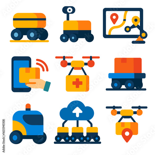 Autonomous Delivery Icons. Flat vector icons of delivery robots and autonomous logistics: autonomous carrier cart, delivery robot