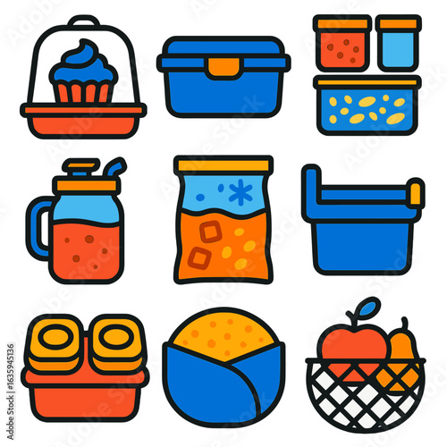 Food Storage Icons. Flat vector icons of food preservation and storage containers: lidded cupcake holder, rectangular snack box,