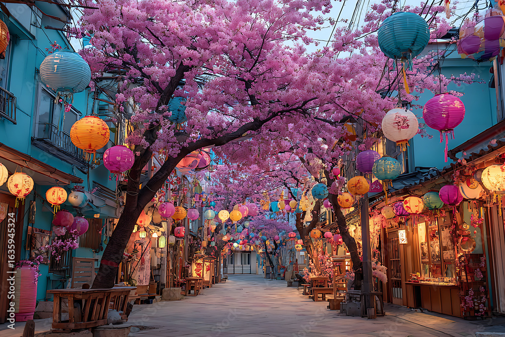 Naklejka premium Beautiful sakura cherry blossom street with colorful lanterns in asia travel destination for tourism and vacation