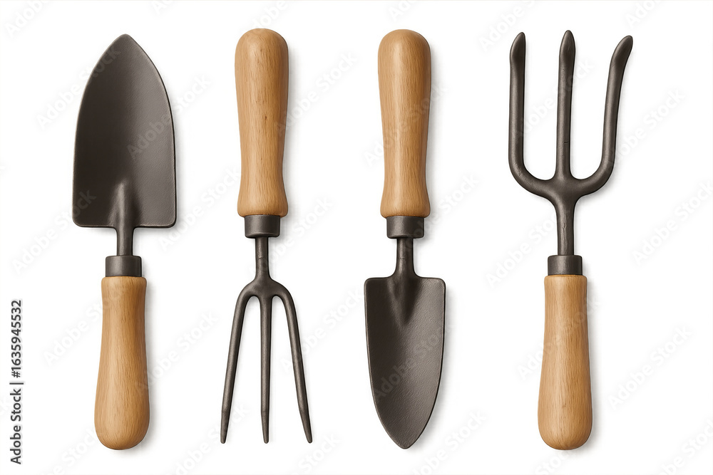 Fototapeta premium Gardening tools set with wooden handles on transparent background