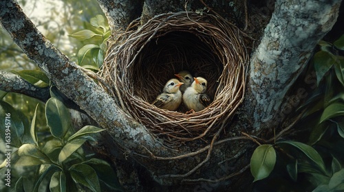 Vibrant depiction of three fledgling birds nested securely within a tree