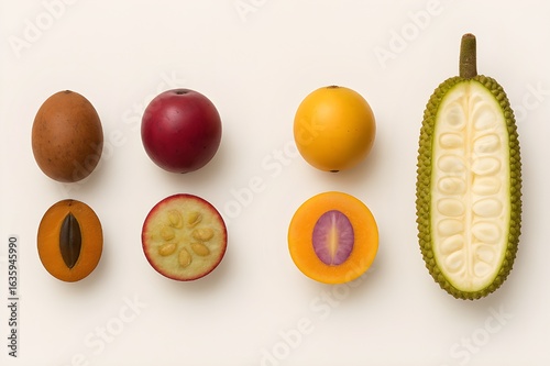 Rare Indonesian Tropical Fruits Collection (Sawo Kecik, Rukam, Gandaria, Young Cempedak) in Whole and Cross-Section Views_2
