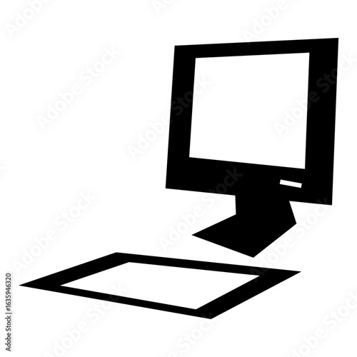black computer monitor with blank screen and keyboard