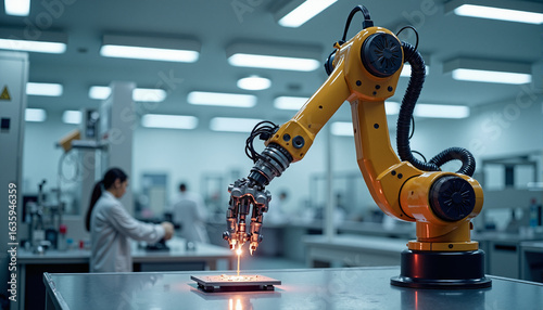 s a robotic arm working on a piece of metal in a factory