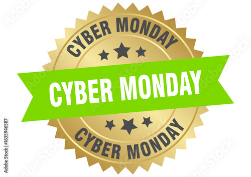 cyber monday. cyber monday round green and gold label isolated on transparent background