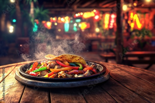 Delicious fajitas on a rustic wooden table.