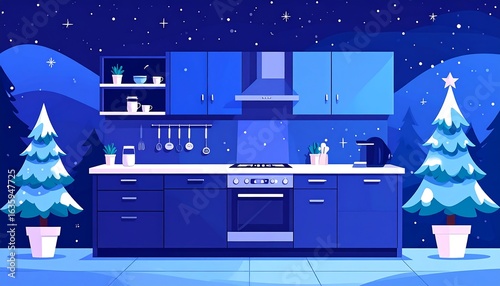 Winter kitchen scene with christmas tree.