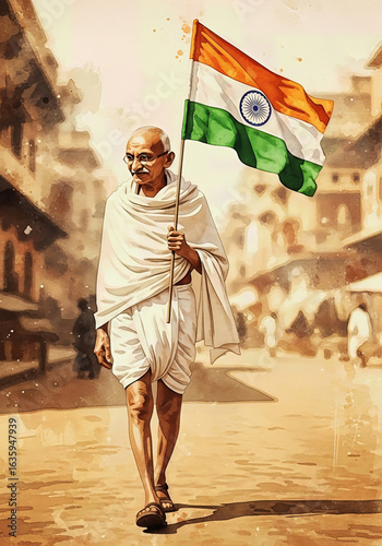 Wallpaper Mural Independence day India sketch of Mahatma Gandhi marching with tricolor in historic marketplace Torontodigital.ca