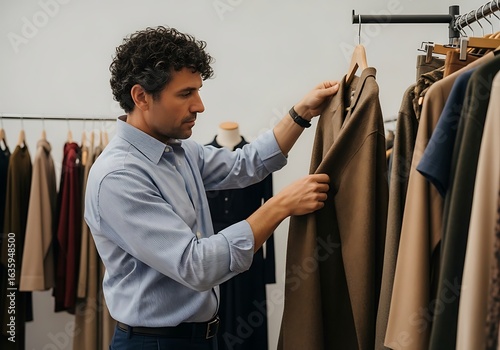 Stylish man shopping, browsing clothes in a modern boutique. Focused male customer selecting a sophisticated brown coat from a curated clothing rack, retail, fashion.