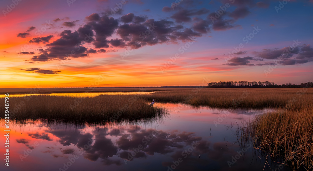 Fototapeta premium Vivid sunset paints the sky over a marshy landscape, reflecting in calm water.