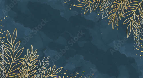 Winter background vector. Hand painted watercolor and gold brush texture, Flower and botanical leaves hand drawing. Abstract art design for wallpaper, wall arts, cover, wedding and  invite card.  