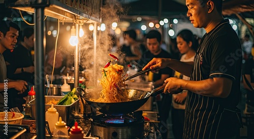 Chef Tosses Noodles in Wok Amidst Vibrant Night Market Lights and Steam