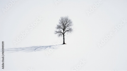 Solitary tree stands alone in stark white landscape with its shadow creating abstract pattern.