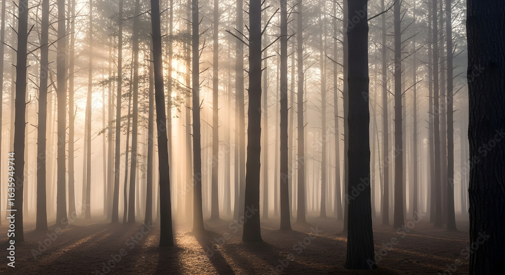 Obraz premium Foggy forest landscape with sun rays piercing through tall trees, creating a serene and mystical atmosphere.