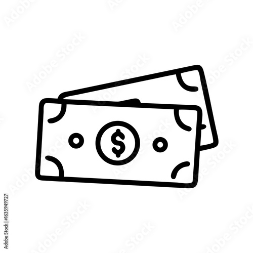 Illustration of two paper bills with a dollar sign in the middle on a white background view from above