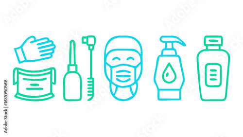 Line art icons depicting personal protective equipment for hygiene and health.