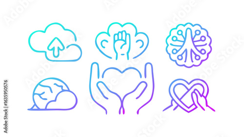 Abstract line art icons representing social responsibility, community, and environmental care.