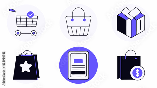 A set of minimalist shopping icons depicting online and offline purchasing.