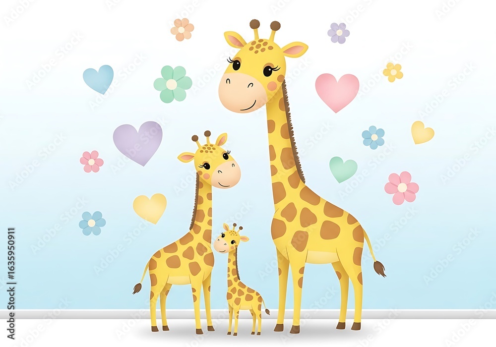 Fototapeta premium Adorable cartoon illustration of a giraffe family with hearts and flowers, a loving scene.