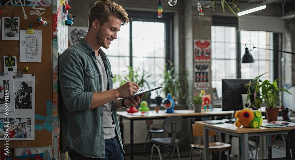Fototapeta premium Creative Flow: Young Designer Smiling While Sketching on a Tablet in a Loft Studio