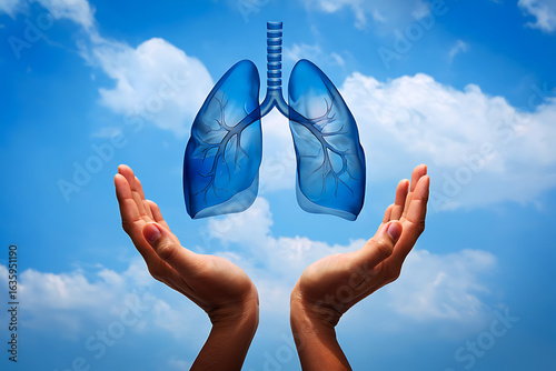 Human hands cradle blue translucent lungs against sky