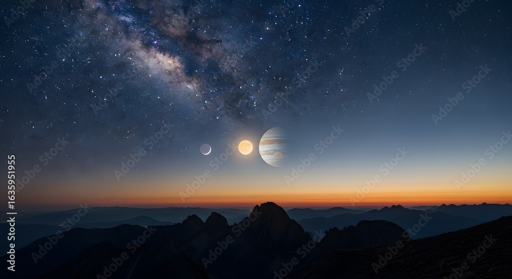 Fototapeta premium A breathtaking celestial display features Venus, a crescent Moon, and Jupiter aligned over a dramatic mountain range under the starry Milky Way.