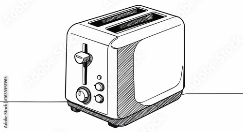A simple, detailed line art illustration of a toaster, showcasing its modern design.