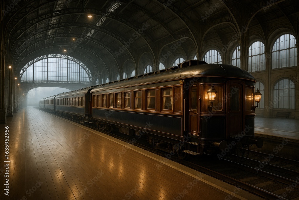 Obraz premium Vintage Passenger Train at Grand Terminal, Nostalgic Rail Travel, Luxury Transport and Classic European Style