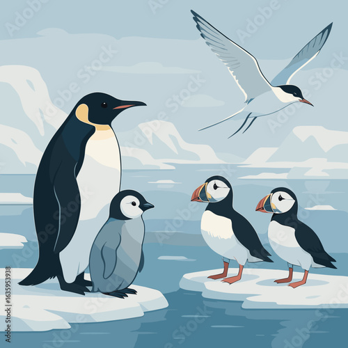 Penguins and puffins on ice floes in a serene arctic landscape with a gentle seabird above