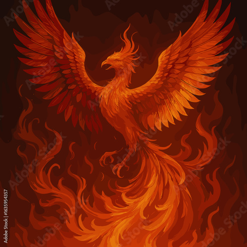 Majestic phoenix rising from flames with vibrant red and orange hues for mythical artwork