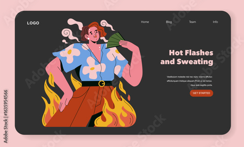 Woman Experiencing Hot Flashes with Fan Vector Illustration