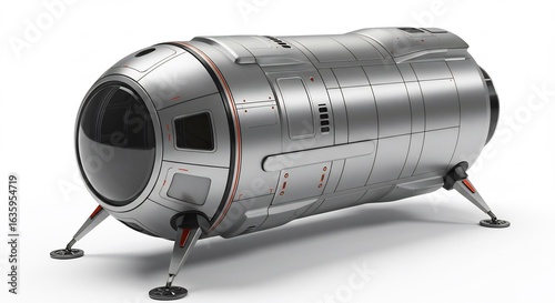 Sleek silver spacecraft rests on landing legs against bright white background. AI Generated