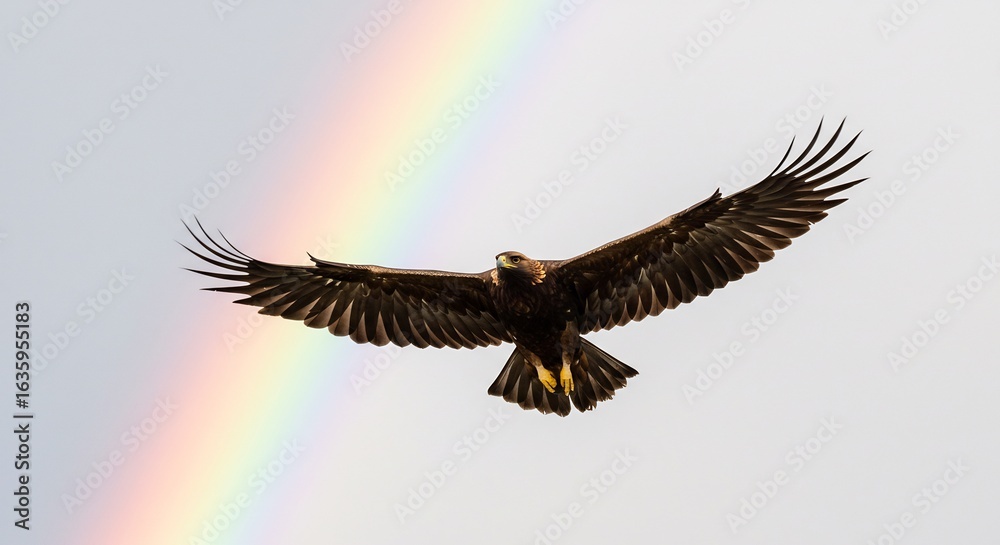 Obraz premium Majestic eagle soars gracefully against vibrant rainbow arc. AI Generated