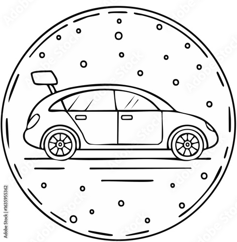 Minimalist line art illustration featuring a car with open trunk inside a circular design