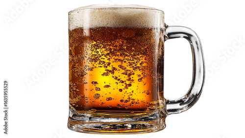 A glass of cold beer with a frothy foam head and bubbles is isolated on a transparent background