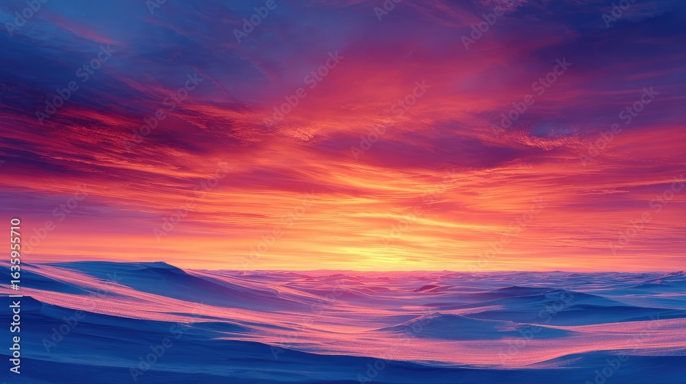 Fototapeta premium Vibrant sunset over a snow-covered landscape.
