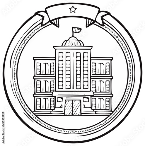 Emblem with State Building and Banner with Star, Isolated Black and White Line Art