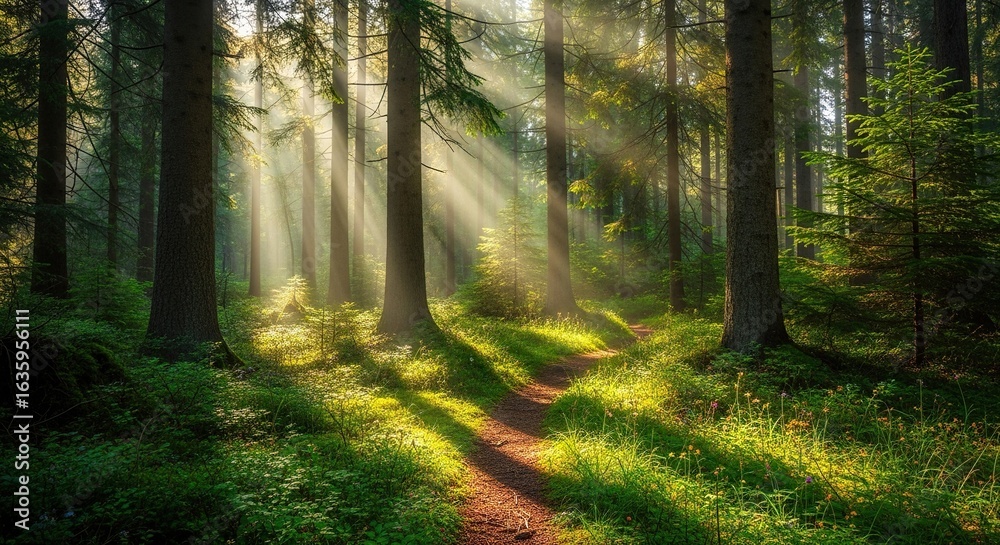 Fototapeta premium Sunlight streams through a tranquil forest.