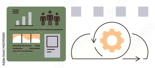 Data dashboard with graphs, people stats, and project visuals accompanies agile workflow diagram with gear and iterative arrows. Ideal for teamwork, strategy, analytics, project management