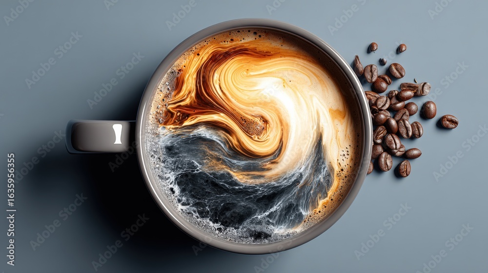Fototapeta premium Coffee Cup with Swirling Cream: A Top-View Image of Coffee Art and Roasted Beans