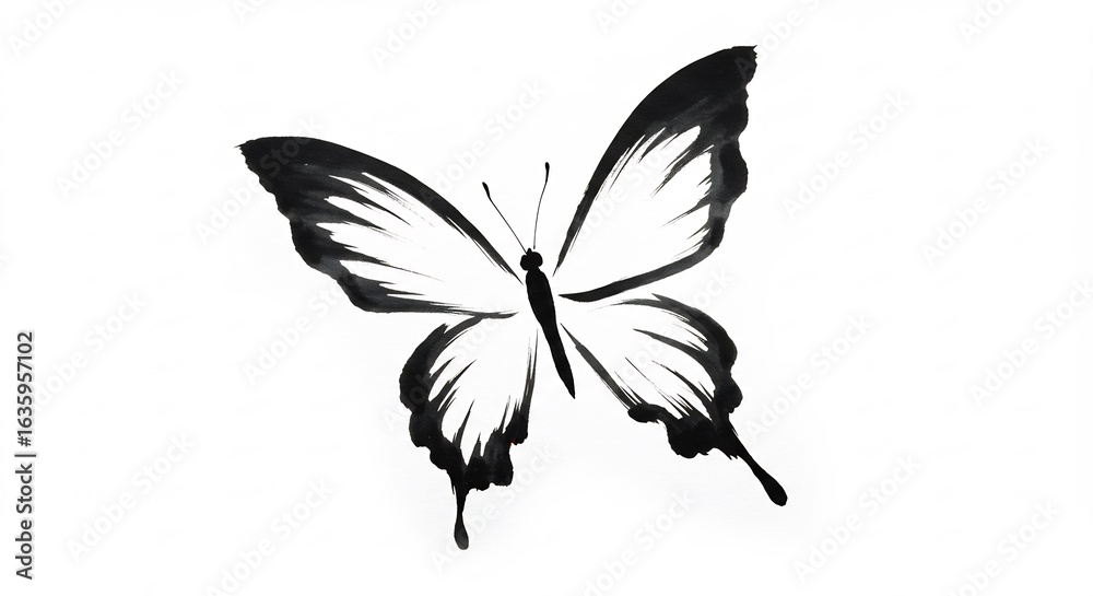 Fototapeta premium Elegant black ink butterfly gracefully floats against white background. AI Generated