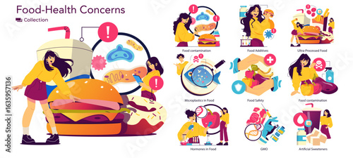 Food Health Concerns Vector Illustration with Actions