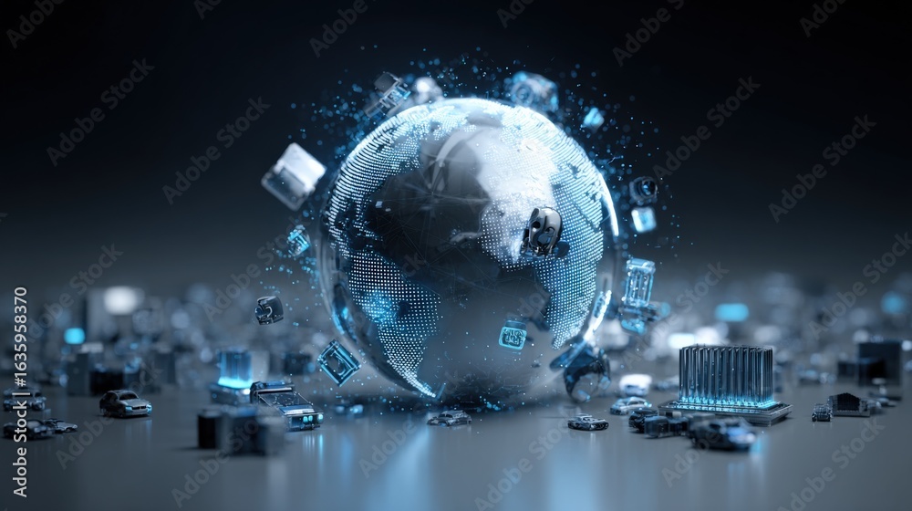 Fototapeta premium Global Technology Network: Abstract Digital Earth with Data Flow, Connectivity, and Innovation on Dark Backdrop