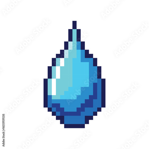 water drop pixel art, representing a clear, refreshing drop of water in retro 8-bit style