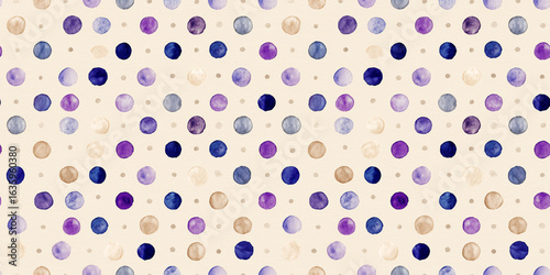 beige watercolour with a neat purple and blue polka dot pattern